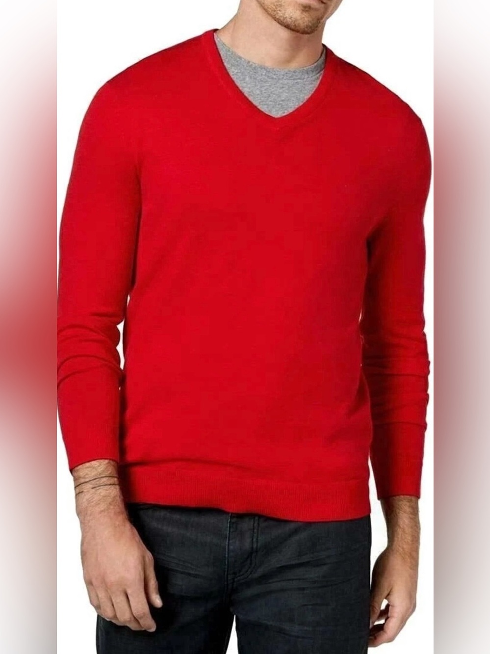Alfani Men's V-Neck cotton blend Sweater in Bright Red, size L preppy academia